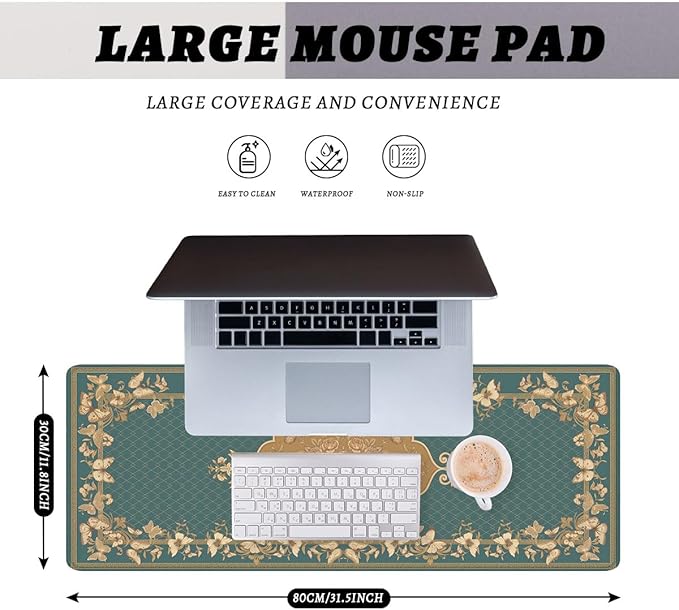 Vintage Butterfly Desk Pad Mouse Pad Gold Floral Extended Gaming Mouse Pad Mat with Stitched Edge Non-Slip Base 31.5 x 11.8 Inch Office Computer Keyboard Laptop Home