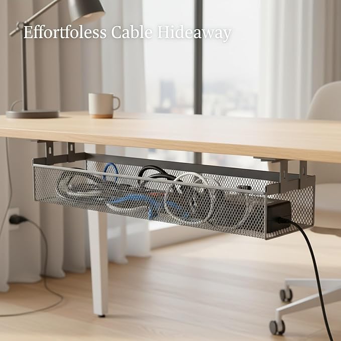 Under Desk Cable Management Tray, No-Drill Metal Mesh Cord Organizer Basket for Power Strips, 15.7 x 2.4 Inch, Gray