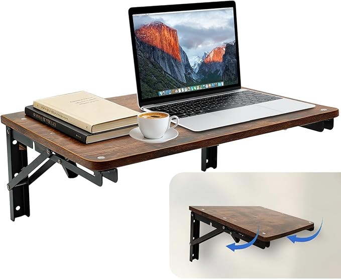 Folding Shelf Wall Mounted for Small Space, Wooden Wall Table for Living Room Bedroom Decor, Office Floating Fold Down Desk, Media Shelves with Heavy-Duty Brackets Holds Up to 80lbs, 21.7Inches