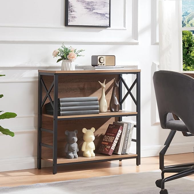 MNEETRUNG Small Bookshelf,3 Tier Industrial Bookcase with Metal Frame and Backboard,Low Rustic Brown Book Shelf,Book case for Small Spaces,Living Room,Bedroom and Home Office