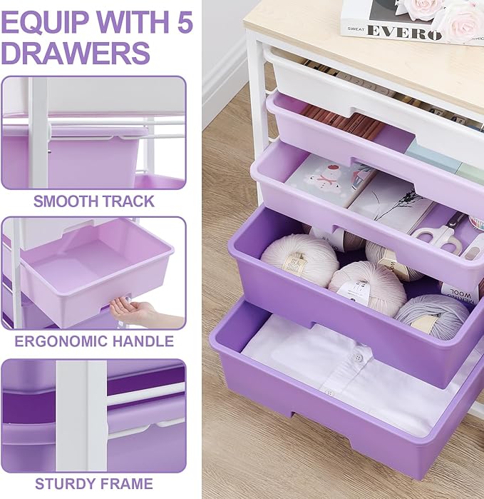 SYKIARIOL Utility Cart with 5 Drawers,Storage Drawer Cart with Wooden Tabletop and Lockable Wheels,Craft Storage Trolley Cart,5-Tier Rolling Utility Cart on Wheels,Purple
