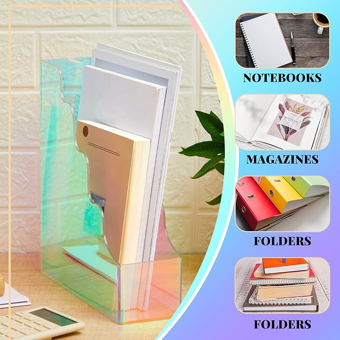 Engrowtic 2 Pcs Iridescent Acrylic Magazine File Holders, Water Ripples Vertical File Organizer, Colorful Acrylic Folder Organizers for Desk Office Classroom Home Decor Document Storage Organizer