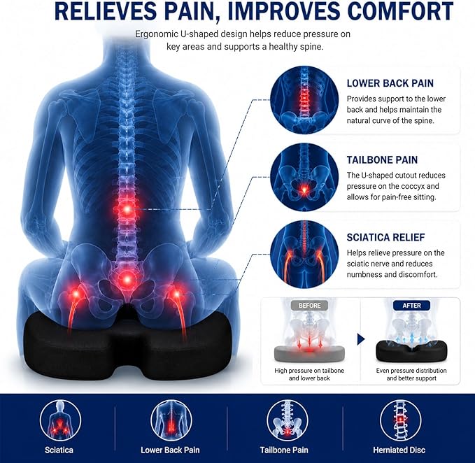 Seat Cushion for Long Sitting, Cooling Gel Memory Foam Seat Cushion - Back, Sciatica, Coccyx, Tailbone Pain Relief - for Office Chairs, Car Seat, Wheelchair Sitting Cushion (Black)
