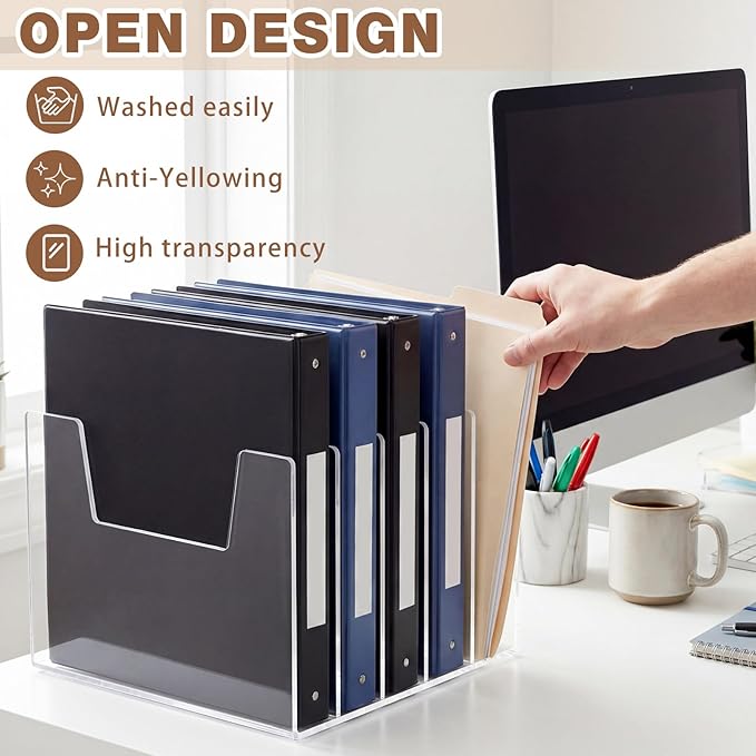 Wenqik Clear Acrylic Desktop File Organizer Vertical File Sorter 4mm Thick, Large Capacity Upright Magazine Organizer, Book Paper, Notebooks, Envelopes, Mail Holder(1 Pack,5 Section)