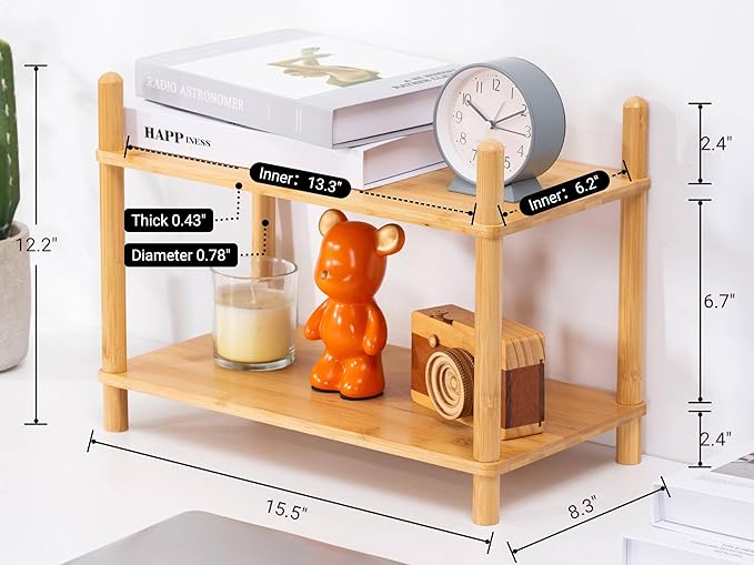 Expandable Bamboo Desktop Organizer Shelf Kitchen Cabinet and Counter Riser Display Shelf for Top of Desk Home Office Bathroom Coffee Table Display Stand (Natural, 2-Tier S)