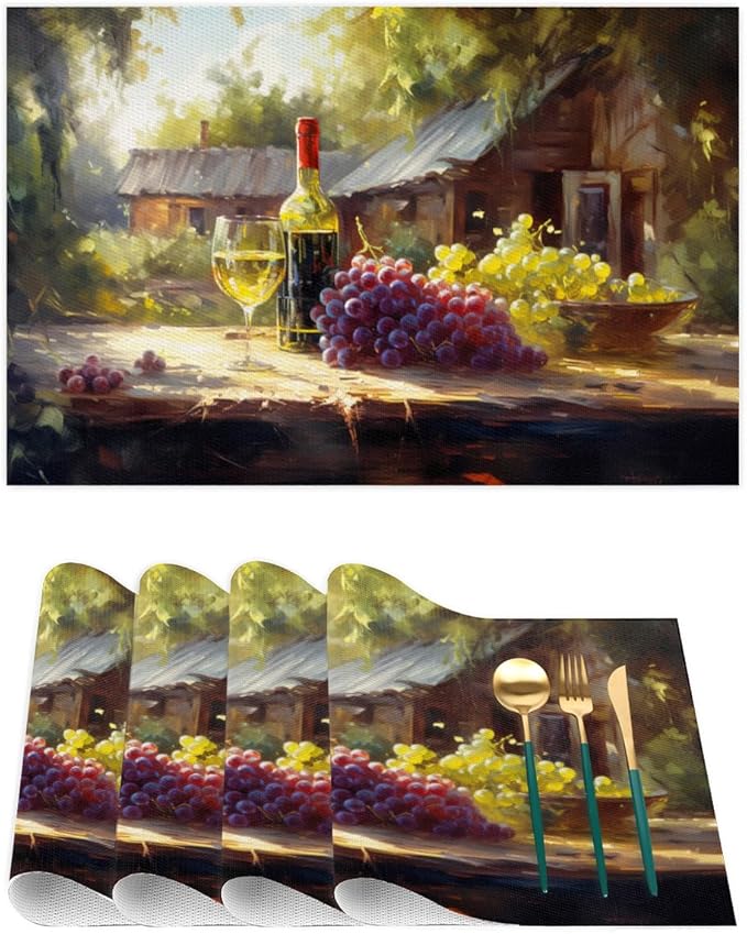 Placemats Set of 4 Heat-Resistant Rectangle Place Mats Grape Red Wine Vintage Washable Plastic PVC Dining Table Mat Non-Slip Wipeable Woven Vinyl Placemat for Kitchen Patio Table Decor