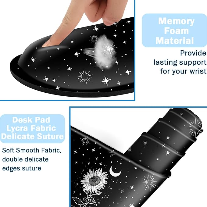 Ergonomic Mouse Pad Set with Wrist Support for Keyboard and Wrist Rest for Mouse, Memory Foam Comfort, Non-Slip Large Desk Mat for Home Office Pain Relief,Black and White Sunflower