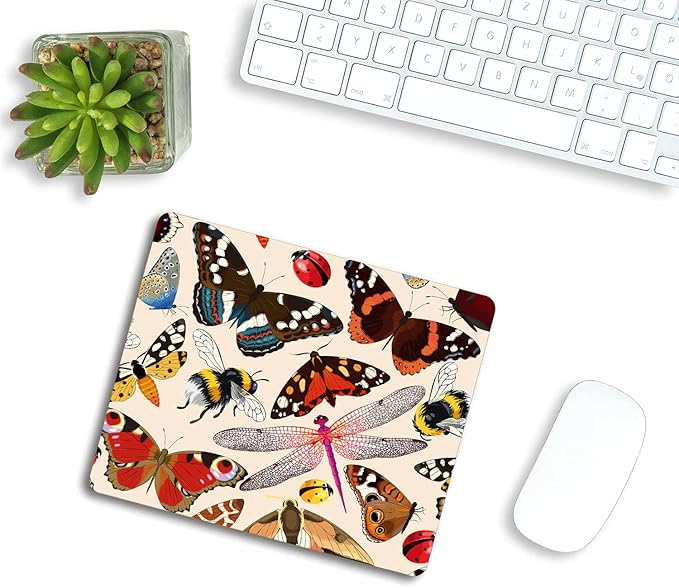 Rectangle Pink Vintage Insects Mouse pad, Bugs Pattern Mousepad, Butterflies Dragonflies Ladybugs Bees Non-Slip Rubber Base Mousepads, Computer Mouse Pads for Wireless Mouse 9.5×7.9×0.12 inches