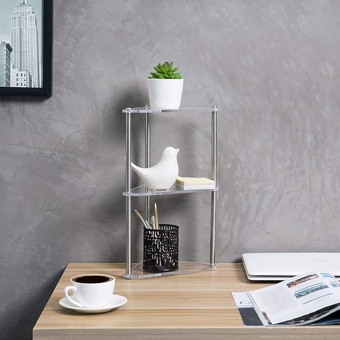 MyGift 3 Tier Corner Shelf for Desk, Triangle Shelf Counter Storage Organizer Stand, Acrylic Corner Shelf Display for Bathroom, Office, Kitchen, Bedroom
