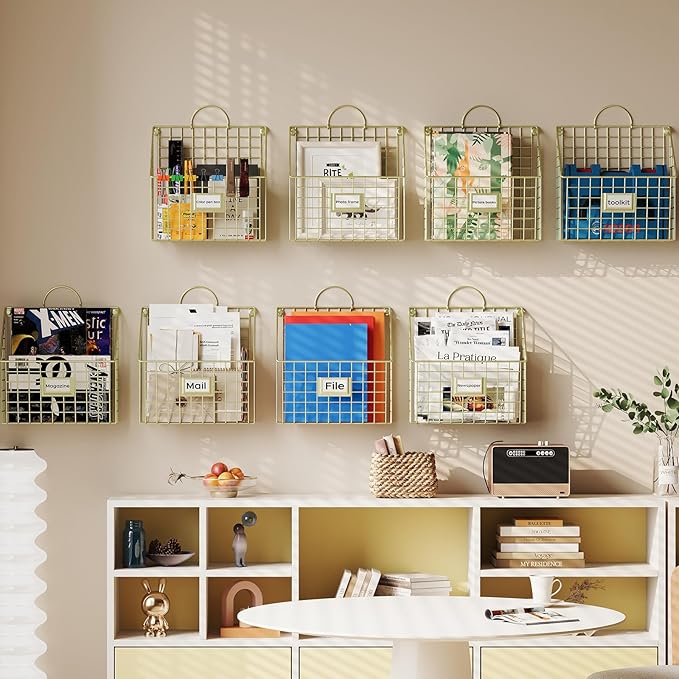 Yuzehuaza Wall File Organizer Mesh Hanging Wall Files Holder,Magazine Rack and Mail Basket with Hooks, Office Wall Organizer for Papers Folders Files Clipboard 4 Packs, Gold(Patent Pending)
