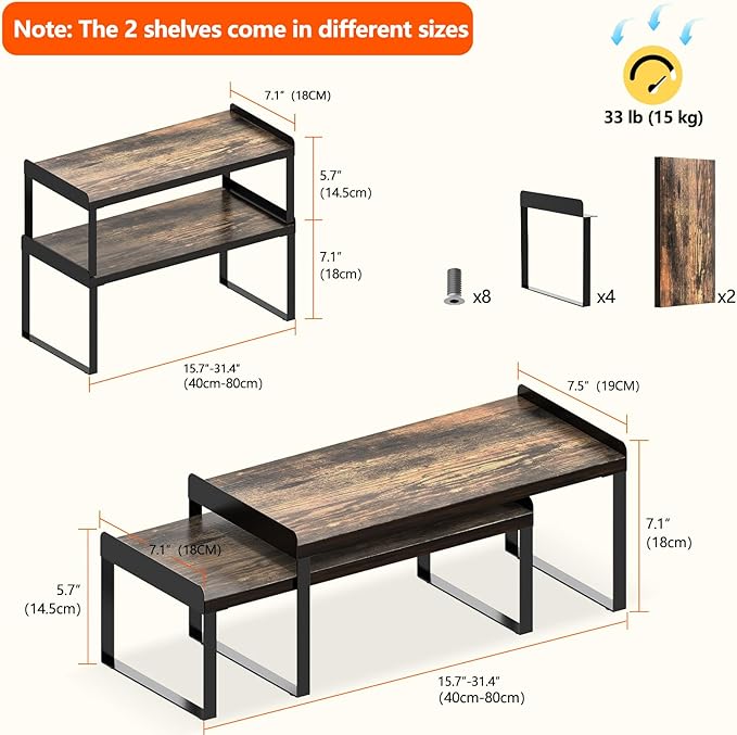 2 Sets Desktop Shelves & Office Shelves, 2 Tier Independent Stackable, Desktop Shelf Stand, Shelf for Desk Organization, Metal and Engineered Wood (Black+Vintage)