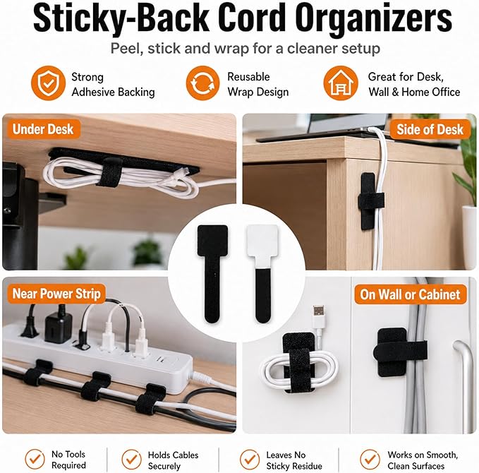 Cable Management Kit, 135Pcs Reusable Hook and Loop Cable Ties, Adhesive Clips, Cord Labels for Desk Cord Organizer Home Office - Multicolor