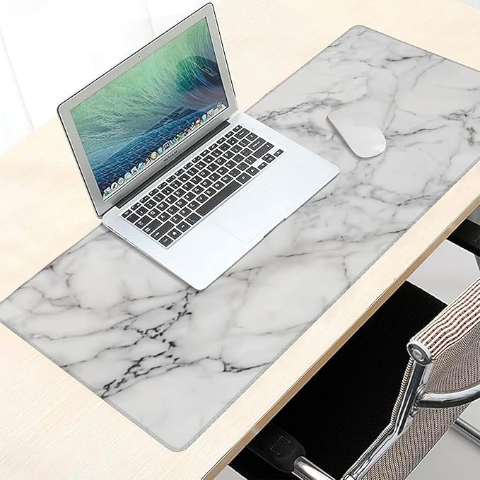 White Marble Large Mouse Pad & Desk Mat Extended Mousepad with Stitched Edges Non-Slip Rubber Base Laptop Computer Keyboard Pad for Gaming, Office & Home Decor, XXXL - 35.4" X 15.7"