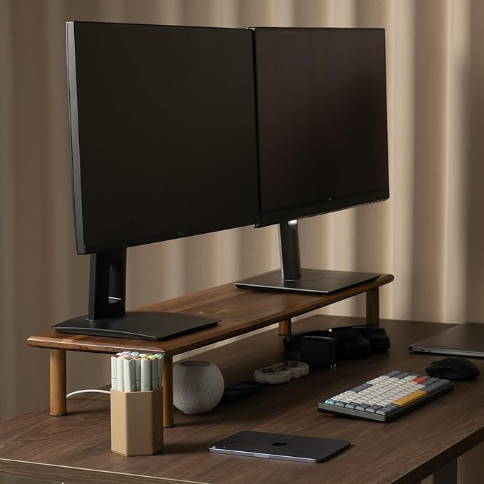 Dual Monitor Stand Riser Acacia Wood, Wooden Desk Monitor Riser for 2 Monitors Supports for Monitor, Printer, Heavy TV Riser up to 130 lbs