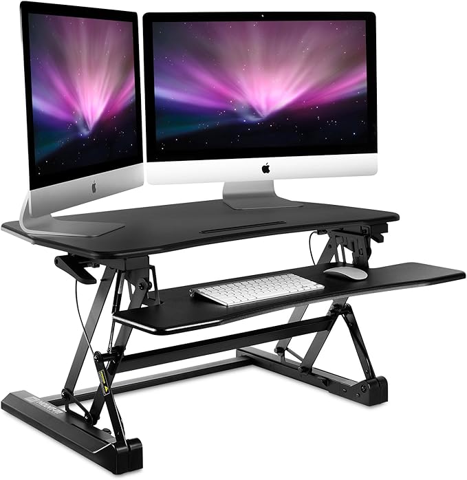 Mount-It! 35.5" Standing Desk Converter with Keyboard Tray – Adjustable Sit Stand Desk Riser for Dual Monitors – Dual Gas Spring Height Adjustable Desktop Workstation Topper – Black