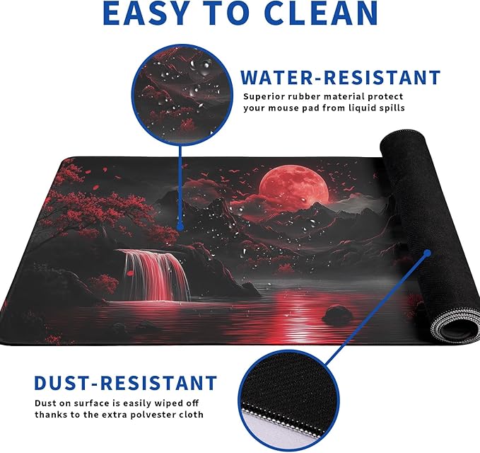 Darkness Red Moon Mouse Pad Abstract Red Mouse Pad 31.5x11.8 Inch Non-Slip Rubber Base Large Mousepad Stitched Edges Keyboard Mouse Mat Desk Pad for Office and Home(2)
