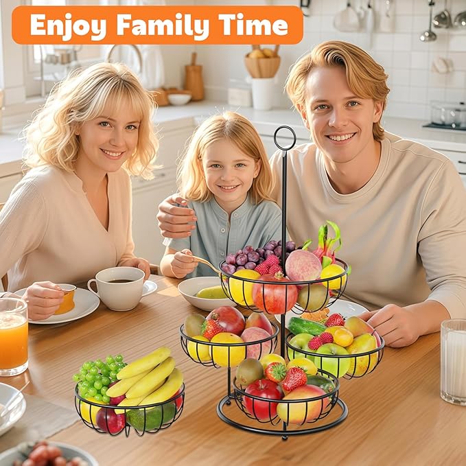 PouHenier.jh 5 Tier Fruit Basket Stand for Counter, Kitchen Tall Tiered Fruit Bowl Organizer for Dining Table Countertop, Multi Level Fresh Produce and Vegetable Holder Rack, Sturdy Metal Wire, Black