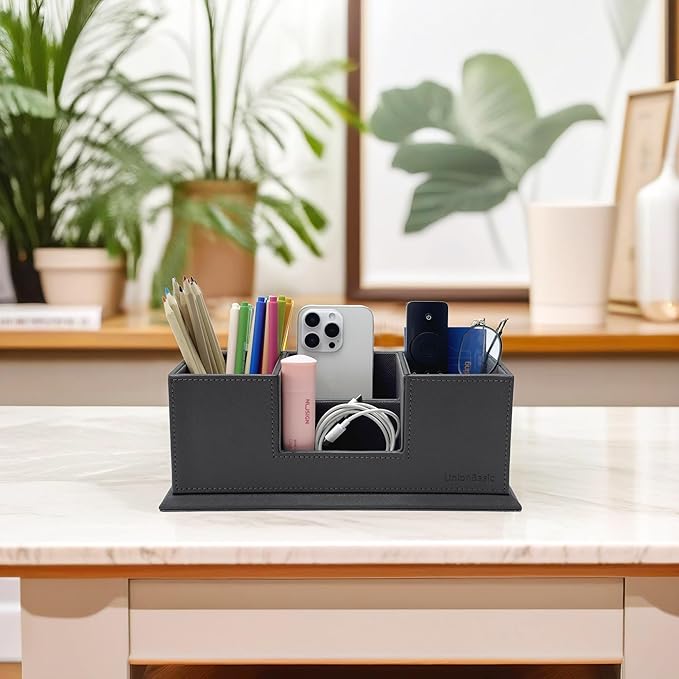 UnionBasic 4 Compartment Desk Organizer - Dual Pen Holder - Card/Pen/Pencil/Mobile Phone Office Supplies Holder (Grey)