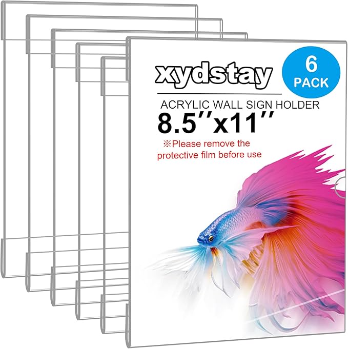 xydstay 6pack Acrylic Wall Sign Holder with Tape,8.5 X 11 Wall Mount Clear Plastic Sign Holder, Memo Document Menu Holder for Restaurant, Office, School, Store and Home Use,No Drilling