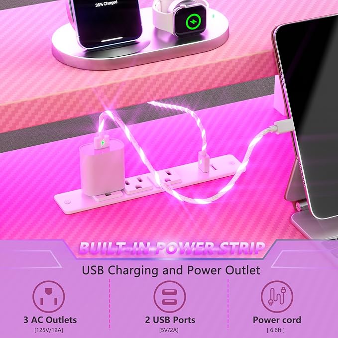 Korfile 40 Inch Pink Gaming Desk with Power Outlet & LED Lights, Corner Computer Desk with 3 Tiers Storage Shelves, L Shaped Gaming Desk with Monitor Stand for Bedroom