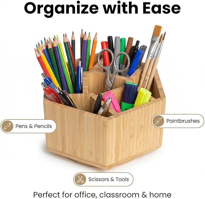 360° Rotating Bamboo Art Supply Organizer, Pen Holder Multifunctional Office Accessory Storage, Desk Organizer for Colored Pencil, Crayon, Paint Brushes, Makeup Organizer