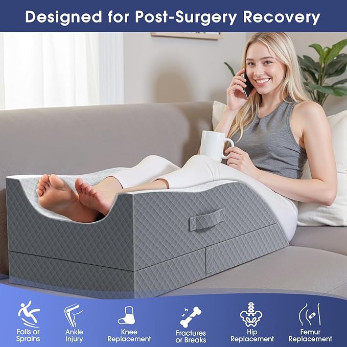CushZone Leg Pillow, Leg Elevation Pillow with Pad and Memory Foam, Height Adjustable Bolster Pillow for Legs, Leg Pillow Elevation Blood Circulation, for Post-Surgery, Grey & White