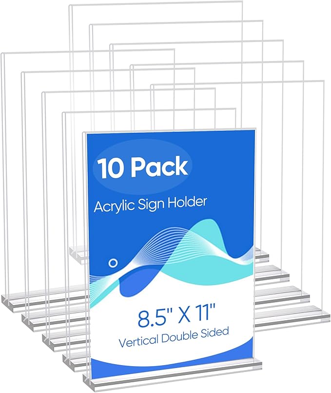 acrylic sign holder 8.5 x 11 Paper Stand 10 Pack Clear Double Side T Shape Acrylic Table Signs for Displaying, Flyer Holder Paper Card Holder for Office Business Store Mall Restaurants
