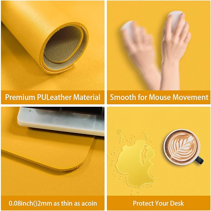 Leather Desk pad Protector, Office Mat, Large Mouse Mat, Non-Slip PU Leather Blotter, Laptop Desk Pad,Waterproof Laptop Computer Desk Keyboard Mat for Office/Work/Home/Decor (Yellow, 47in*18in)