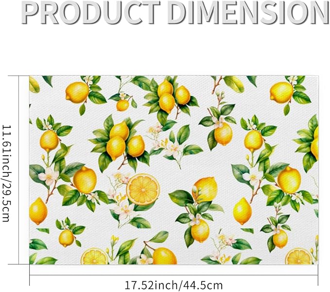 Placemats Set of 4 Heat-Resistant Rectangle Place Mats Tropical Lemon Washable Plastic PVC Dining Table Mat Non-Slip Wipeable Woven Vinyl Placemat for Kitchen Patio Table Decor