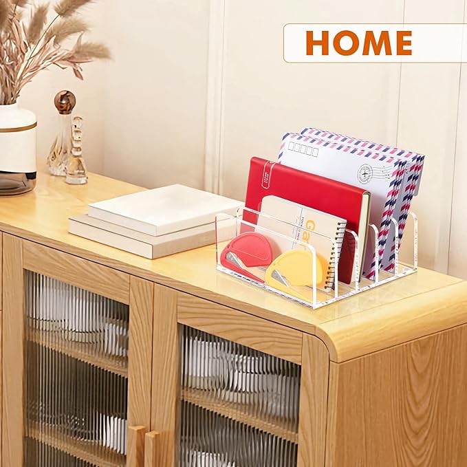 BEYGORM 2 Pack Acrylic Mail Holder, Clear Desk Organizer with Divider, Vertical Letter Sorter for Desktop, 5 Compartments Modern Office Home Envelope Organizer for Bill, Document, Notebook