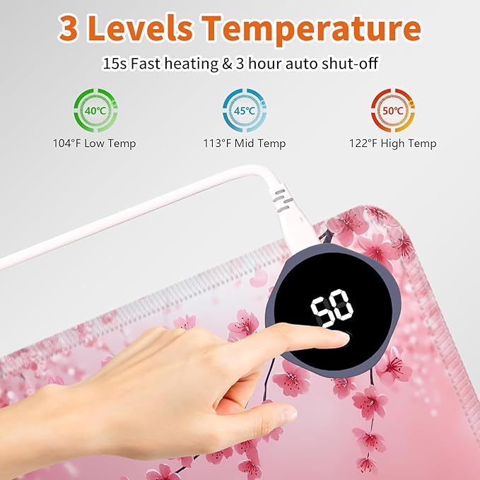 Heated Mouse Pad,Warm Desk Pad with 3 Levels Heating & 3 Hours Auto Shut-Off, PU Leather Heated Desk Pad Warmer Pad for Home Office - 31.5 x 13 inch,Cherry Blossoms
