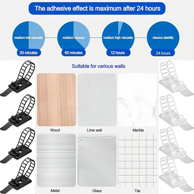 Adjustable Adhesive Cable Management Clips 50Pcs, Large self Adhesive Cable Ties Clips ，Suitable for Cable Management Under desks and on Walls(Black)