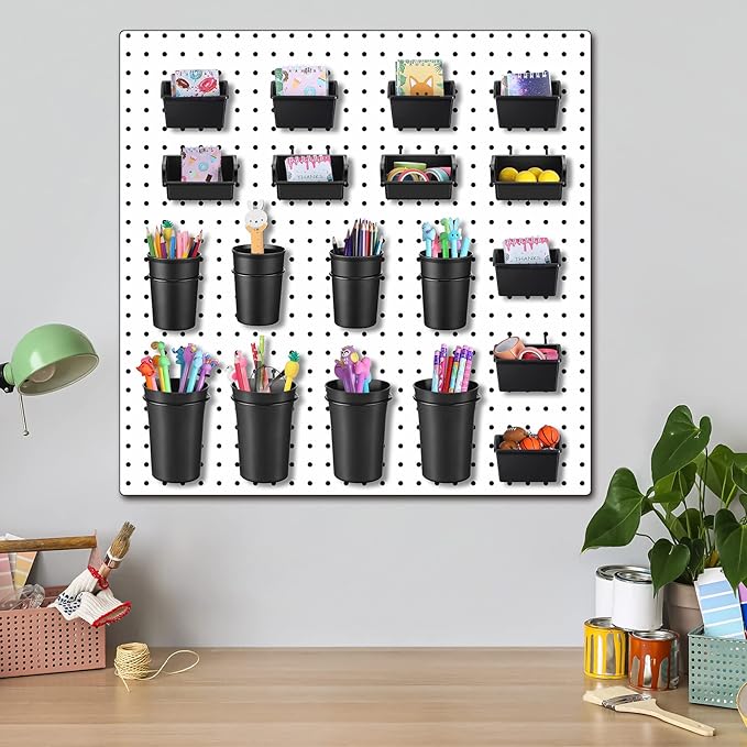 Roowest 60 Pcs Pegboard Cups Pegboard Bins Set, Wall Organizer with Hooks and Loops, Hooks Assortment Organizer Accessory for Office Storage Garage Craft Workshop(Black)