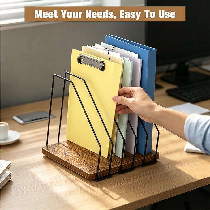 Inclined Desk File Organizer, 5-Section Vertical File Folder Holder, Desk Files Organizer Stand, Metal Files Sorter Rack Stand for Office Home School