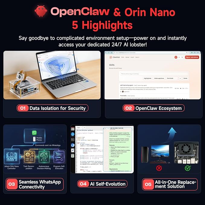 Yahboom Jetson Orin Nano 8GB SUB Developer Kit Support Super Based on Module with 256GB SSD Acrylic Case ROS2 Ubuntu22.04(Orin Nano 8GB SUB Basis Kit)