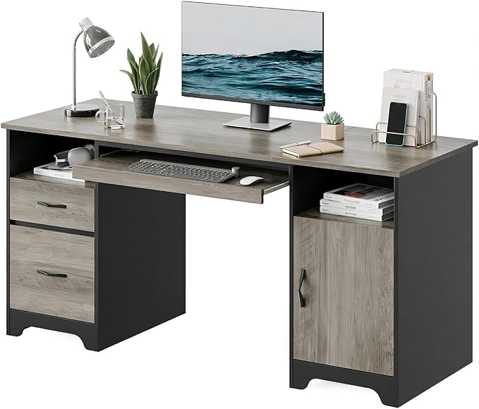 Bestier 59”Executive Desk with 2 Drawers,Computer Desk with Storage Cabinet,Industrial Wood Desk with File Drawer,Keyboard Tray & 2 Pedestals for Home Office & Studio,Gray
