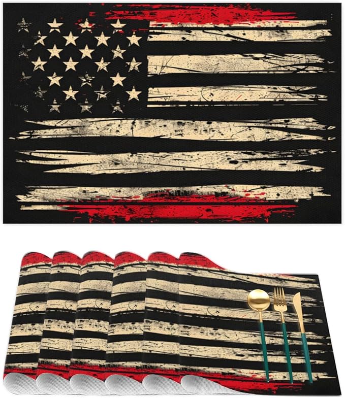 Placemats Set of 4 Heat-Resistant Rectangle Place Mats Independence Day USA Flag Washable Plastic PVC Dining Table Mat Non-Slip Wipeable Woven Vinyl Placemat for Kitchen Patio Table Decor