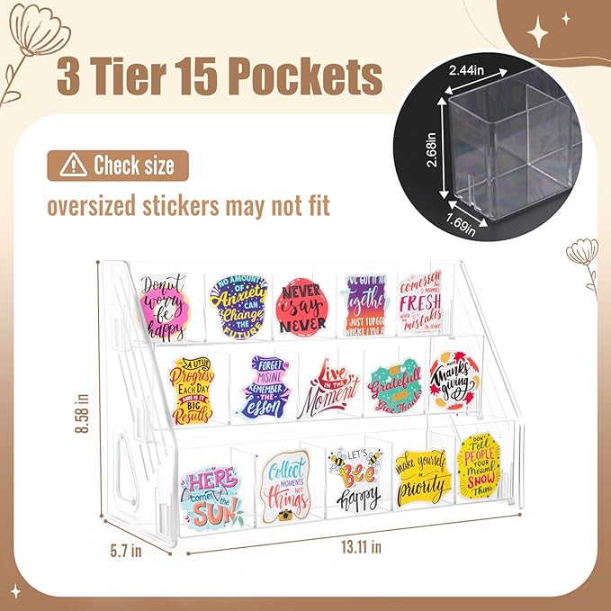 Acrylic Sticker Display Stand with Divided Pockets, Portable Bookmark Holder Tiered Display Stand, Clear Desk Organizer for Home, Retail or Craft Fair Use(15 Pockets, 3 Tier)