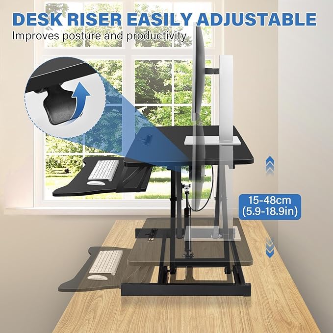 37" Height Adjustable Standing Desk Converter, Two Monitor Stable Stand up Desk Converter, 5.9"-18.8" Height Adjustable Laptop Workstation with Keyboard Tray, Desktop Riser for Home and Company