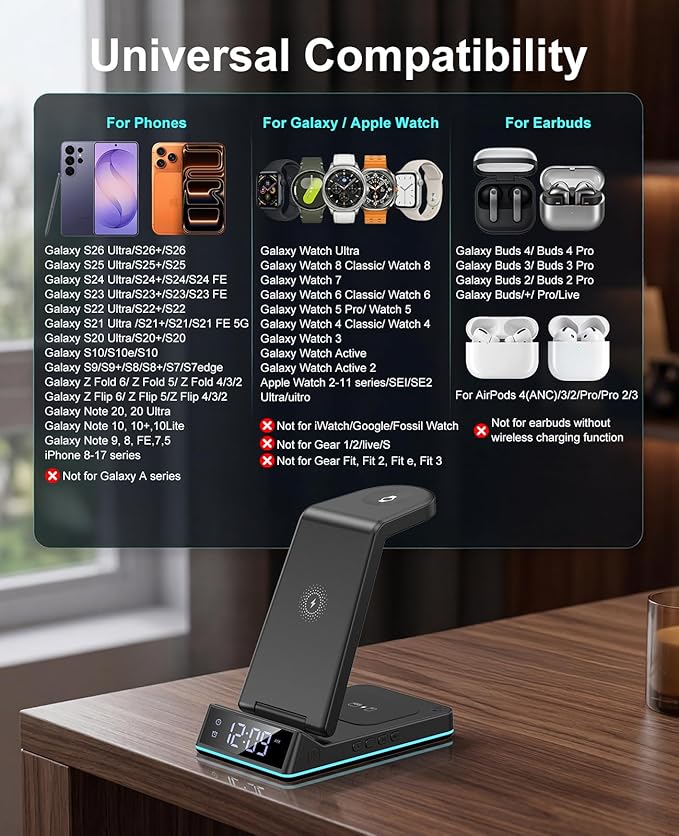 Wireless Charger for Samsung,7 in 1 Wireless Charging Station Foldable Fast Charger Stand with Night Light/Alarm Clock for Samsung Galaxy S26/S25/S24/S23/S22/S21/Galaxy Watch Ultra/8/7/6 Galaxy Buds