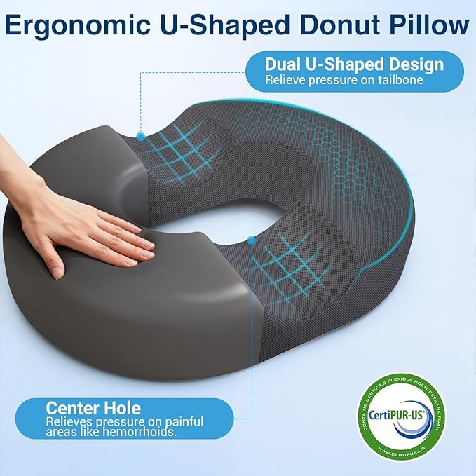 CushZone Donut Pillow for Postpartum Pregnancy - Large Ergonomic Chair Seat Cushions, Office Chair Cushion, Breathable Hemorrhoid Pillow, Lifting Chair Pads for Sitting, After Surgery(Grey, XL)