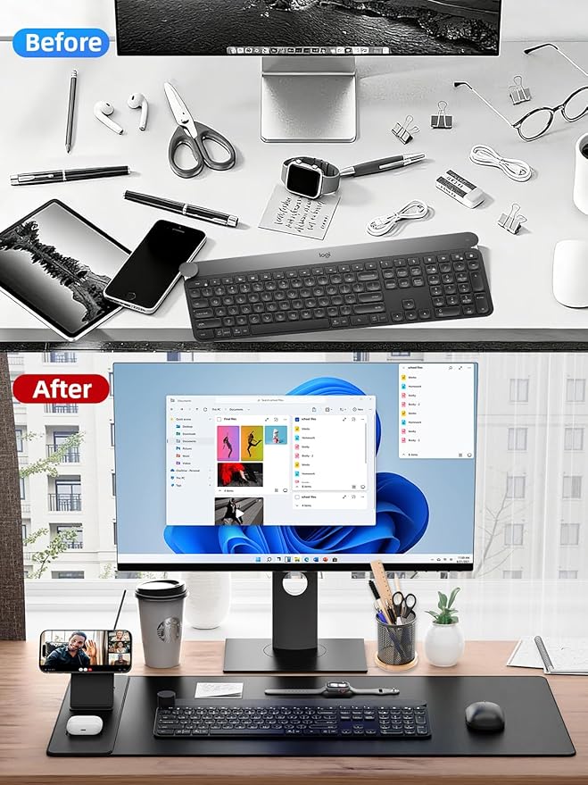 4-in-1 Mouse Pad with Magnetic Wireless Charging Phone Stand, 31.5"x15.8" Large, Waterproof Smooth Surface, Non-Slip Base, No Adapter