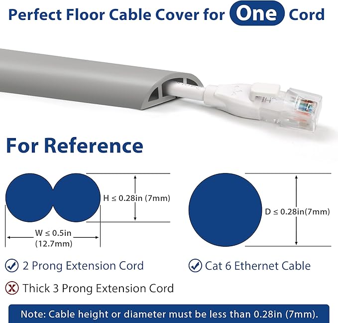 ZhiYo Floor Cord Cover 4ft, Cord Hider Floor Gray, Cable Management Cover Prevent Cable Trips, Wire Covers for Electric Power Cords, Wire Protector Cavity W0.47 x H0.28