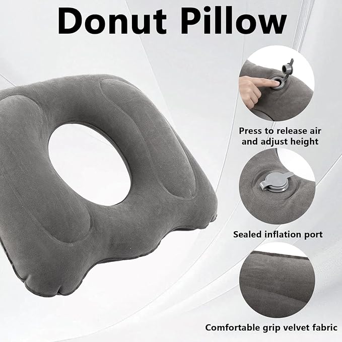 2 Pack Inflatable Donut Pillow, Hemorrhoid Pillows for Sitting, Portable Donut Cusion for Pressure Relief, Tailbone & Coccyx Support for Home, Office, Wheelchair and Car