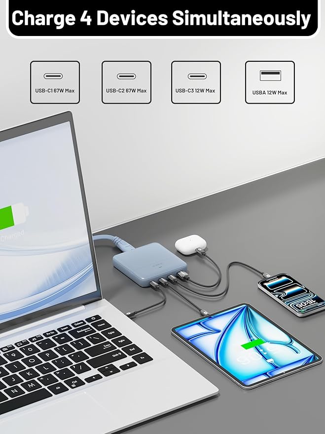 USB C Charging Station 67W, 4-Port Slim USB C Charger Block for iPhone 17/16/15, MacBook Air/Pro with 5ft Extension Cord, 3 USBC, 1 USB-A, Fast Charging Desktop Charger for Home Office Travel, Blue