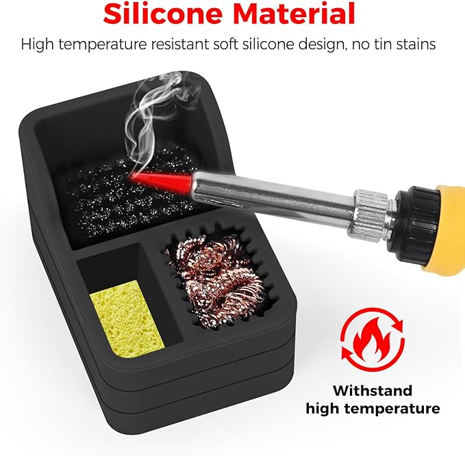 Soldering Iron Tip Cleaner Kit with Brass Wool, Sponge & Steel Brush in Black Silicone Holder – Heat & Scratch Resistant Cleaning Tool for Soldering, Electronics Repair & DIY Projectst