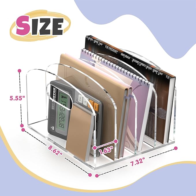 Jumyee 4 Vertical Compartments Acrylic Magazine File Holder with Handles, Clear Desk File Organizer Sorter, Desktop File Storage Binder Holder for Desk, Home, Office, School, Classroom