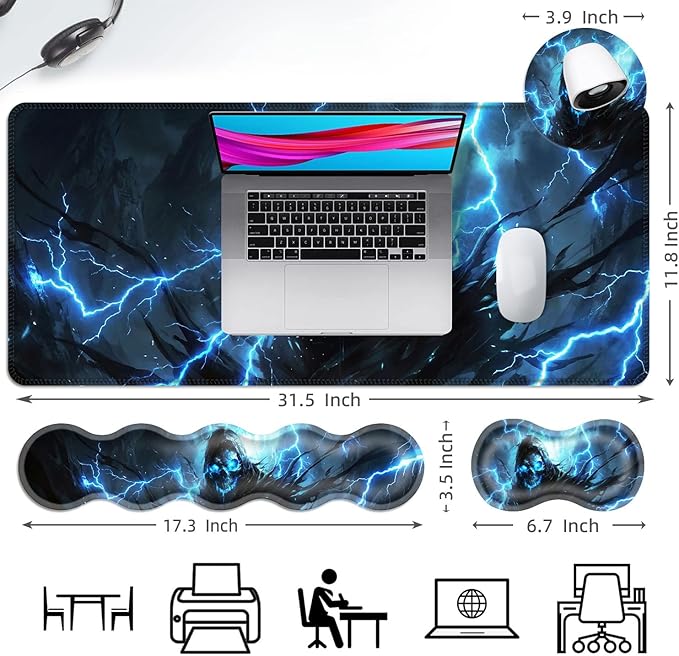 Ergonomic Mouse Pad Set with Wrist Support for Keyboard and Wrist Rest for Mouse, Memory Foam Comfort, Non-Slip Large Desk Mat for Home Office Pain Relief,Blue Glow Skull