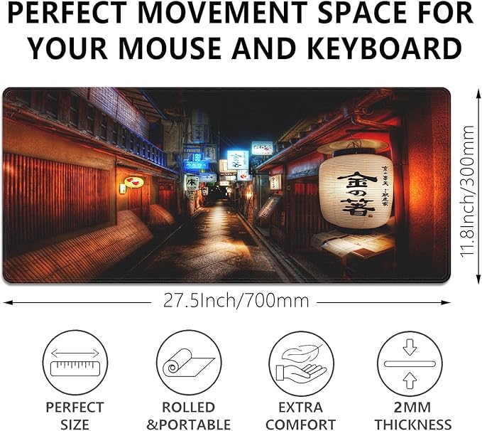 Japanese Street Lantern Large Mouse Pad Desk Pad, 27.5x11.8in Tokyo Night Scene Extended Keyboard Mousepad with Stitched Edges, Non-Slip Waterproof Rubber Base for Office, Computer, Laptop & Home