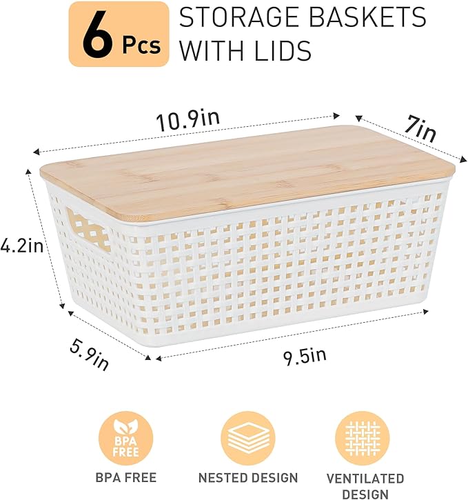 Small Storage Bins with Lids 6 Packs, Plastic Storage Basket with Bamboo Lid for Pantry Organization and Storage Containers for Shelves Drawers Desktop Closet Playroom Office Home, White